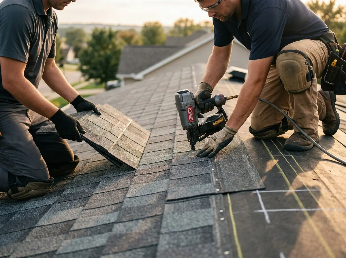 Professional roofer working on a residential roof in Marrero